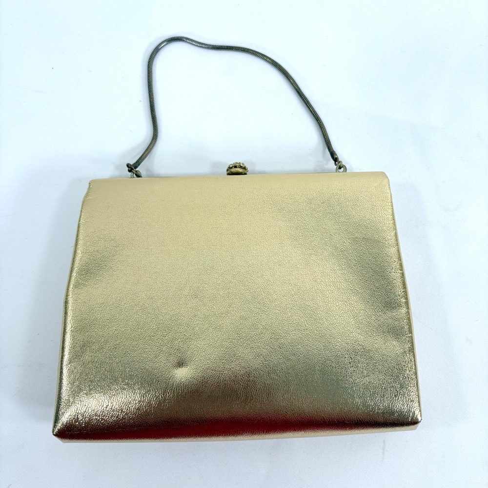 Vintage Evening Bag Gold Metallic Leather Rhinestone Clasp Snake Chain Clutch